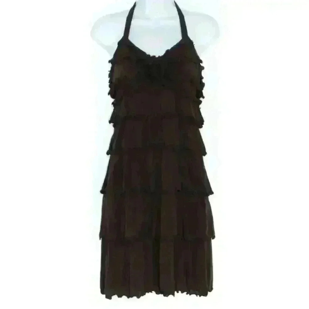 BCBGMaxAzeria Layered Ruffle Little Brown Halter Dress Open Back Size M